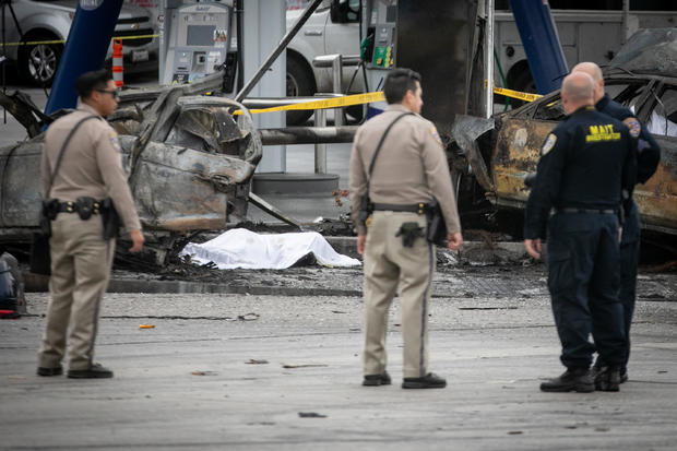 Aftermath of a fiery car crash in Los Angeles County 