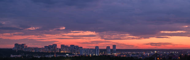 Panoramic View Of A Residential Quarter Under Construction In Chelyabinsk At Sunset 