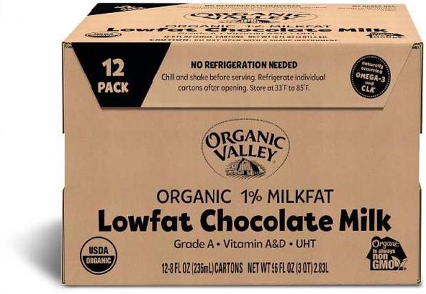 Carton of Organic Valey 1% lowfat chocolate milk 12 8-oz cartons 