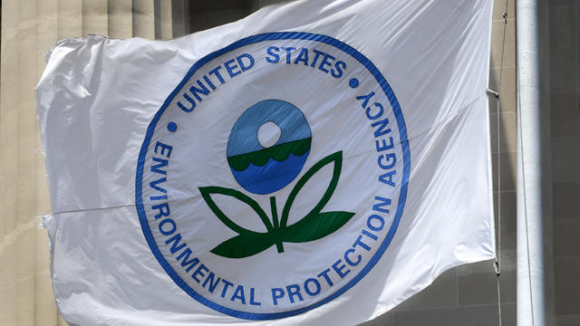 A flag with the United States Environmental Protection Agency (EPA) logo flies at the agency's headquarters in Washington, D.C. 