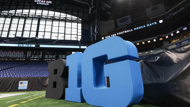 General view of the Big Ten Conference logo seen on the field during the 2022 Big Ten Conference Football Media Days at Lucas Oil Stadium on July 26, 2022 in Indianapolis, Indiana. 