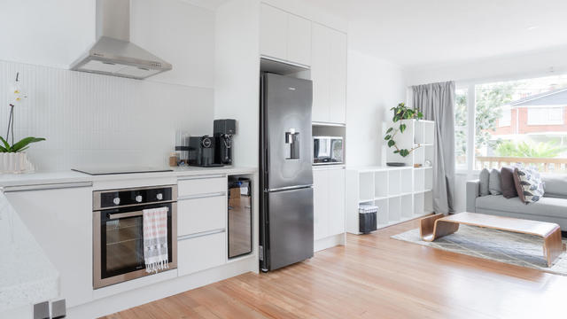 Kitchen and living room open plan. 