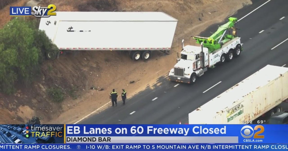 Big rig left perched on embankment after crash in Diamond Bar - CBS Los ...