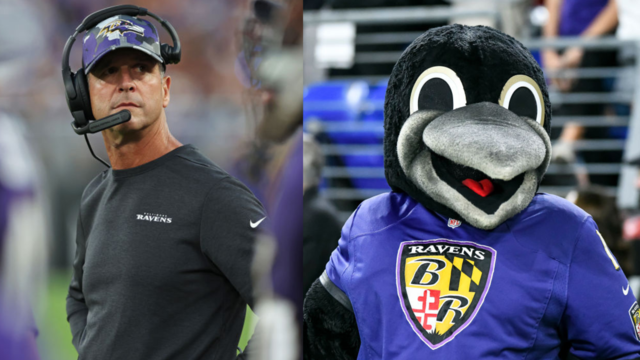 Ravens' mascot carted off at halftime with apparent injury