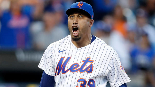 Edwin Diaz #39 of the New York Mets reacts after the eighth inning against the Los Angeles Dodgers at Citi Field on September 01, 2022 in New York City. 