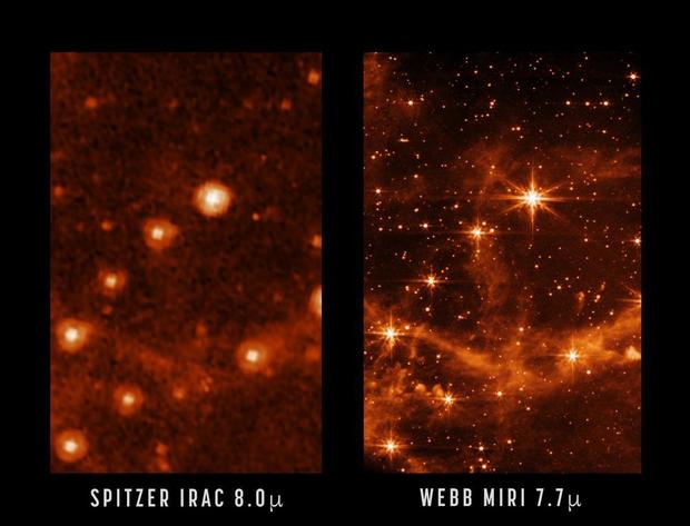 This combination of images provided by NASA on Monday, May 9, 2022, shows part of the Large Magellanic Cloud, a small satellite galaxy of the Milky Way, seen by the retired Spitzer Space Telescope, left, and the new James Webb Space Telescope. The new telescope is in the home stretch of testing, with science observations expected to begin in July, astronomers said Monday. 