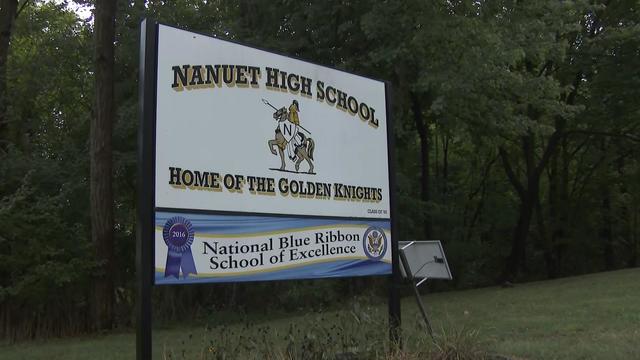 A sign for Nanuet High School, "Home of the Golden Knights." 