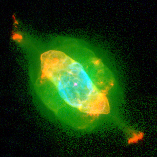 A large, semi-transparent green American football-shaped object that extends from top left to bottom right is set against the black background of space. At the center is a very small pink star. There are several layers of gas and dust within the overall g 