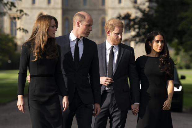 The Prince and Princess of Wales Accompanied By The Duke And Duchess Of Sussex Greet Wellwishers Outside Windsor Castle 