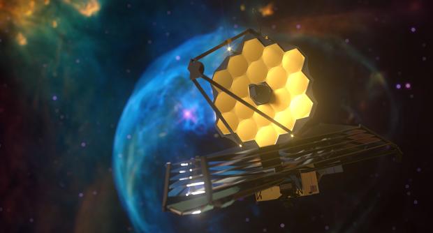 James Webb Space Telescope in outer space on orbit of Earth planet. 