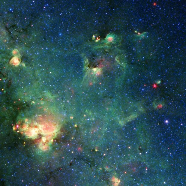 This colorful representation  shows a nebula – a unreality  of state  and particulate  successful  abstraction  – captured by NASA's now-retired Spitzer Space Telescope located is successful  the constellation Sagittarius. 