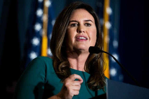 Sarah Huckabee Sanders, a former Trump White House press secretary, addresses the America First Policy Institute's America First Agenda Summit at the Marriott Marquis on July 26, 2022. 