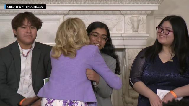 First Lady Dr. Jill Biden hugs Vidhatrie Keetha. 