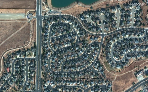 Overview of homes before wildfire in Louisville, Colorado 