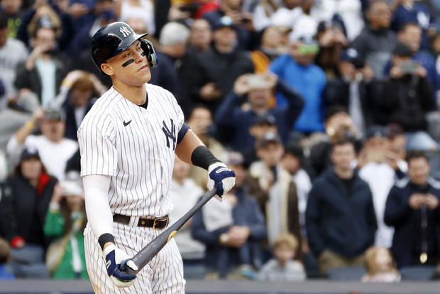 Aaron Judge #99 of the New York Yankees reacts during his at-bat during the fourth inning against the Baltimore Orioles at Yankee Stadium on October 01, 2022 in the Bronx borough of New York City. 