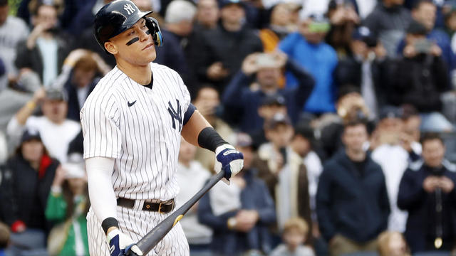Aaron Judge #99 of the New York Yankees reacts during his at-bat during the fourth inning against the Baltimore Orioles at Yankee Stadium on October 01, 2022 in the Bronx borough of New York City. 