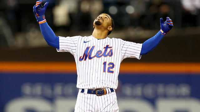 Francisco Lindor #12 of the New York Mets celebrates his 2RBI double in the second inning against the Washington Nationals at Citi Field on October 05, 2022 in the Flushing neighborhood of the Queens borough of New York City. 