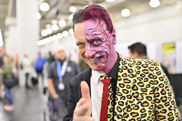 A Two-Face cosplayer poses during New York Comic Con 2022 on October 06, 2022 in New York City. 