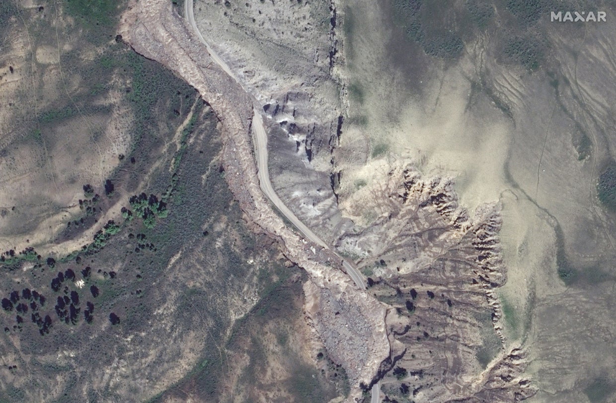 Closer view of road washouts south of Yellowstone National Park 