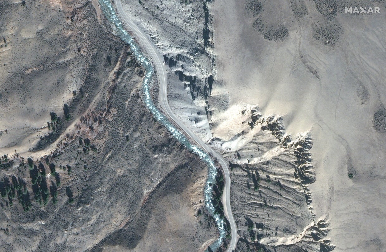 Closer view of road before flooding south of Yellowstone National Park 