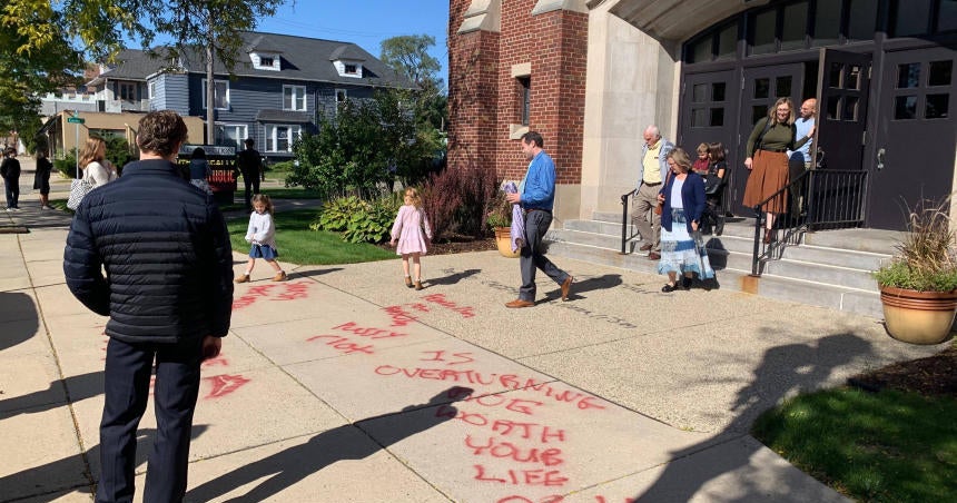 VIDEO: Catholic Church in Lansing vandalized with pro-choice graffiti ...