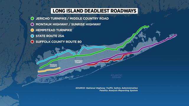 A graphic illustrating Long Island's deadliest roadways, including Hempstead Turnpike, as well as Jericho Turnpike/Middle Country Road, Montauk Highway/Sunrise Highway, State Route 25A and Suffolk County Route 80. 