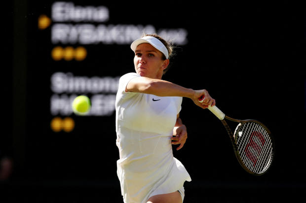 Romania's Simona Halep is seen in action during her Wimbledon semifinal match against Kazakhstan's Elena Rybakina at the All England Lawn Tennis and Croquet Club, London, July 7, 2022.  