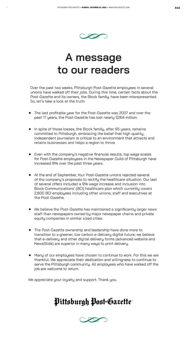 Newspaper Guild of Pittsburgh 🗞 on X: Today marks 11 months on strike  @PittsburghPG. While the company continues to embarrass itself, we – w/ you  – have piled up wins both in