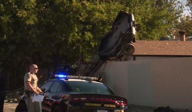 Vehicle on house in Antelope after crash 