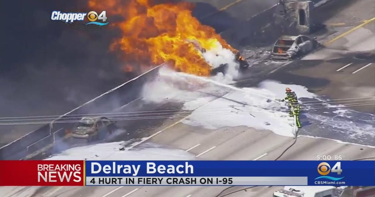 4 hurt in fiery crash on 1-95 in Delray Beach - CBS Miami