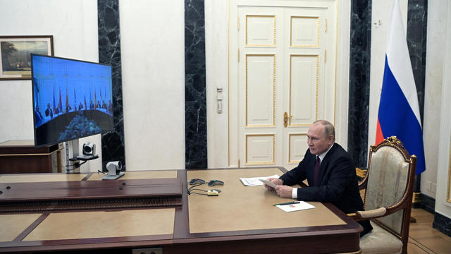 Russian President Putin addresses heads of security agencies of CIS states via video link in Moscow 