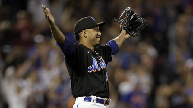 Edwin Diaz #39 of the New York Mets reacts after the final out during the ninth inning against the Pittsburgh Pirates at Citi Field on September 16, 2022 in the Queens borough of New York City. 