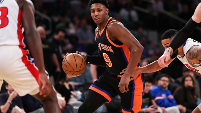 RJ Barrett #9 of the New York Knicks in action during the third quarter of the game against the Detroit Pistons at Madison Square Garden on November 11, 2022 in New York City. 