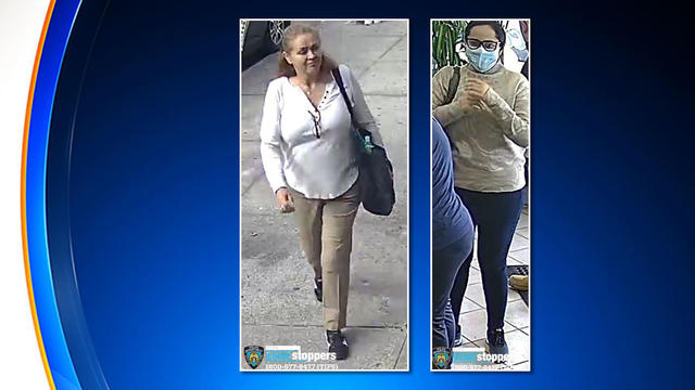 Surveillance photos show two women accused in a lottery scam in Queens. 