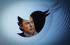 Elon Musk's face in a cutout shaped like Twitter logo 