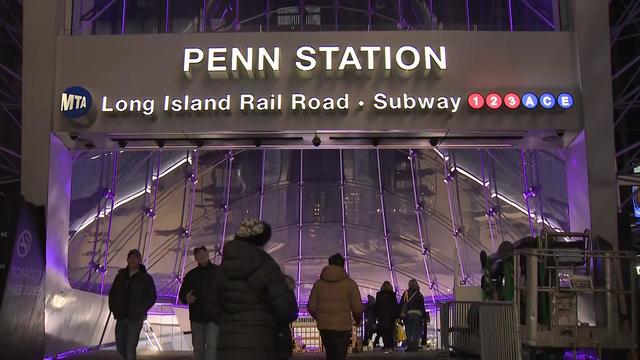 An exterior shot of an entrance to Penn Station. 