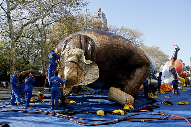 Workers inflate a balloon during the Macy's Thanksgiving Day Parade balloon Inflation on November 23, 2022 in New York City. 