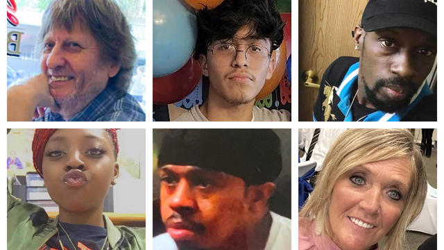 This combination of photos provided by the Chesapeake Police Department shows, top row from left, Randy Blevins, Fernando Chavez-Barron, Lorenzo Gamble, and, bottom row from left, Tyneka Johnson, Brian Pendleton and Kellie Pyle, who Chesapeake police identified as six victims of a shooting that occurred Nov. 22, 2022, at a Walmart store in Chesapeake. 