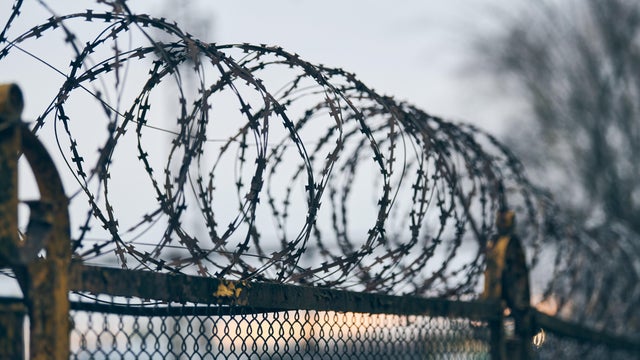 Barbed Wire On Fence Of Restricted Area. No Unauthorized Entry. Old Fence Of Military Territory 