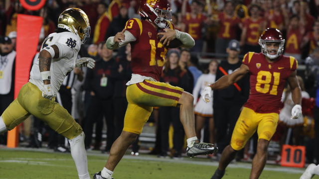 USC Trojans play Notre Dame Fighting Irish  in a storied football rivalry, held in 2022 at the Los Angeles Memorial Colisum on Saturday night, Nov. 26, 2022. 