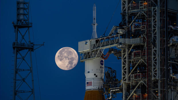 NASA's SLS rocket is seen on the launch pad 