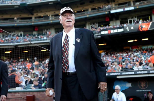 Hall of Famer and former San Francisco Giants pitcher Gaylord Perry waits on the field before throwing out the ceremonial first pitch before the start of the Giants' game against the Baltimore Orioles at AT&T Park in San Francisco, Calif., on Saturday, Au 