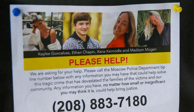 A flyer seeking information on the murders of four students in Moscow, Idaho