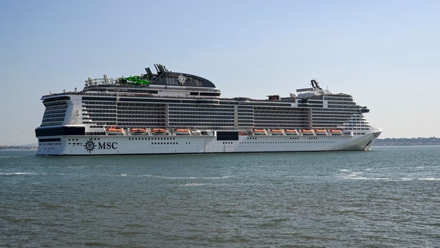 MSC Grandiosa, a 181,541 GT Meraviglia Plus-class cruise ship owned and operated by MSC Cruises, sails the Tagus River after leaving the Cruise Terminal on September 17, 2022 in Lisbon, Portugal. 