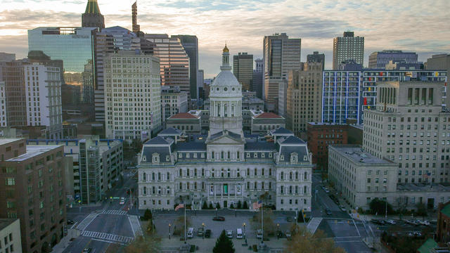 Aerial View of Downtown Baltimore and City Hall 