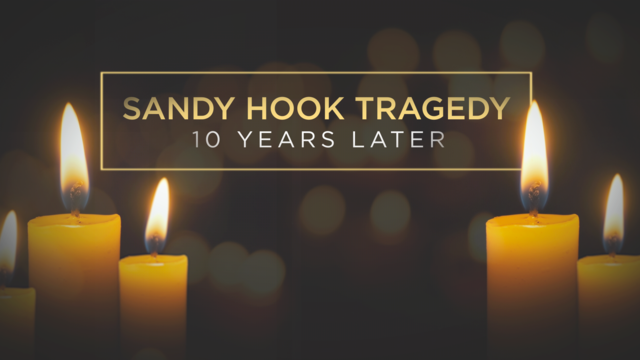 A graphic with candles reading, "Sandy Hook Tragedy 10 Years Later." 
