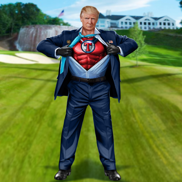 Trump stands on a lawn in superhero  pose tearing open shirt to reveal 