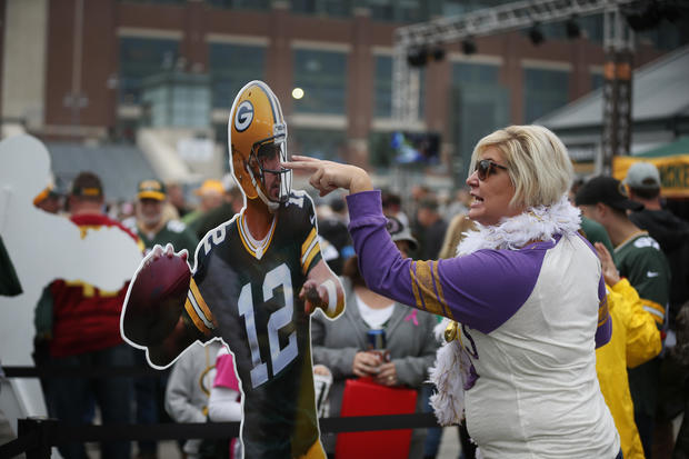 Vikings fan Paula Klein of Fargo N.D. talked to a Aaron Rodgers cutout in the parking lot at Lambeau Field .The Minnesota Vikings played the Green Bay Packers Thursday October 2 , 2014 at Lambeau Field  in Green Bay ,WI. ] Jerry Holt Jerry.holt@startribun 