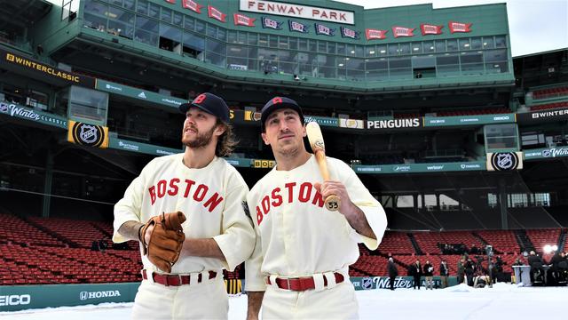 Bruins dress up in old-timey Red Sox uniforms for arrival at