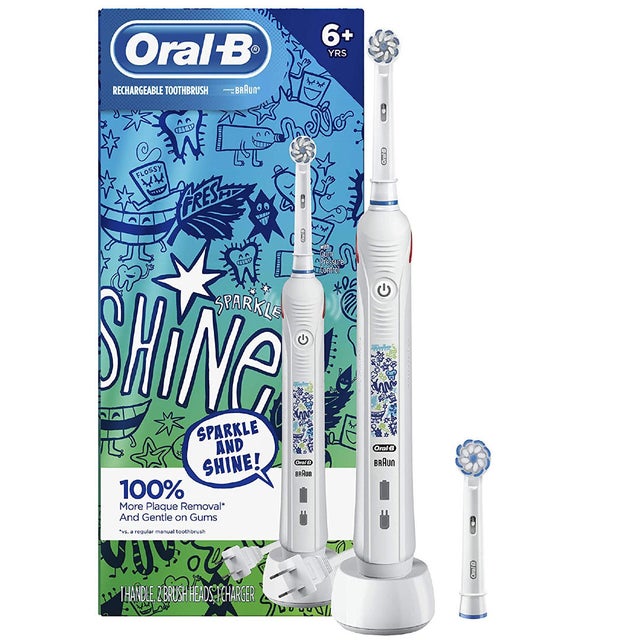 Oral-B Kids Electric Toothbrush with Coaching Pressure Sensor and Timer, Rechargeable Toothbrush with (2) Brush Heads, Sparkle & Shine 